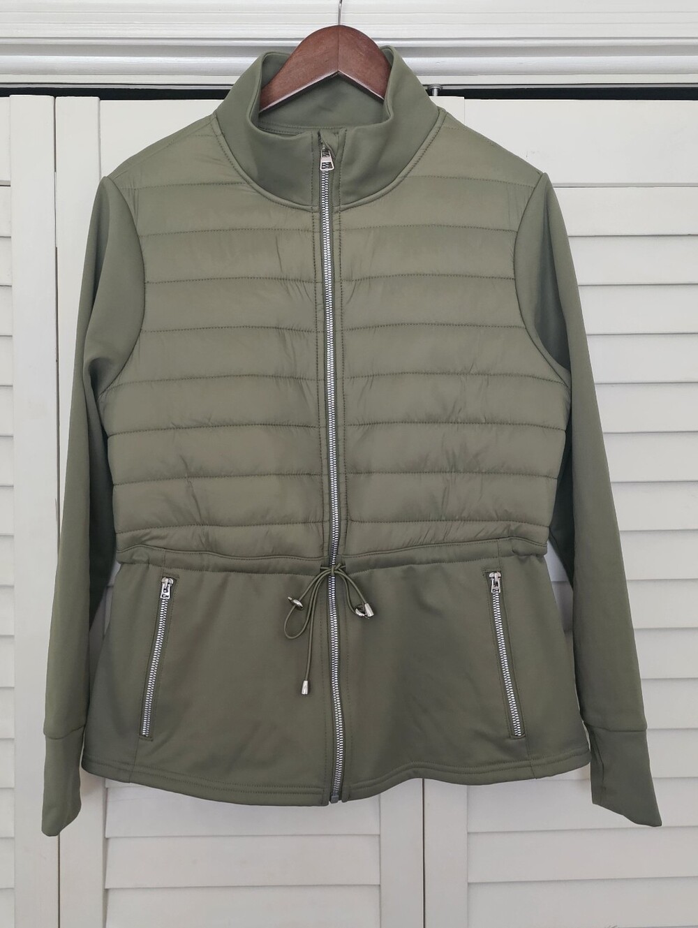 AVIA Mixed Media Jacket Size L Olive Green Zip Front Drawstring Waist Activewear